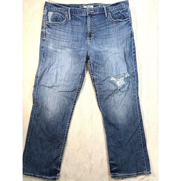 BKE Denim Seth 42R Mens Blue Distressed Thrashed Trashed Straight Leg Jeans - Picture 2 of 10